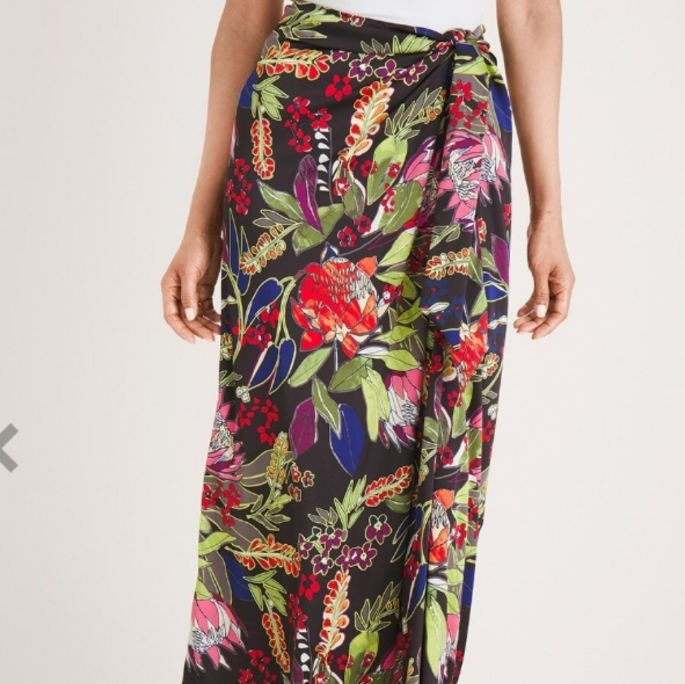 Chico's Black Floral Wrap Maxi Skirt with Bright Botanical Print